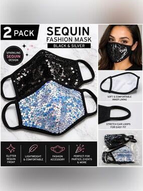 2PC Sequin Face Mask Black & Silver Glitter Fashion Mask New